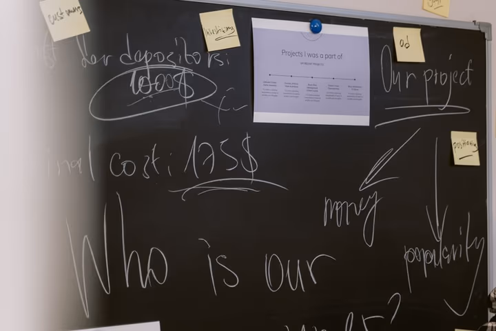 Un consultant présente une présentation créative sur un tableau noir, rempli de notes de projet, de plans financiers et d'idées stratégiques.